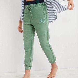 AERIE Anytime The Sweat High Waisted Jogger Frosty Trail Sage Green Cozy Heart M